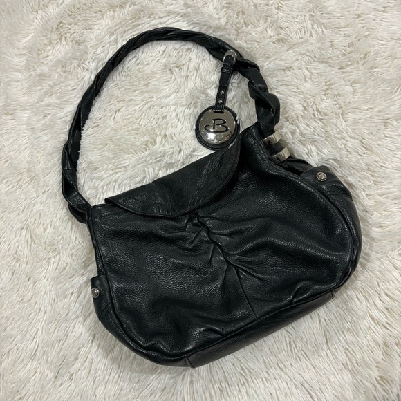 B. Makowsky Pebbled Black Leather Braided Strap Purse - Picture 1 of 13